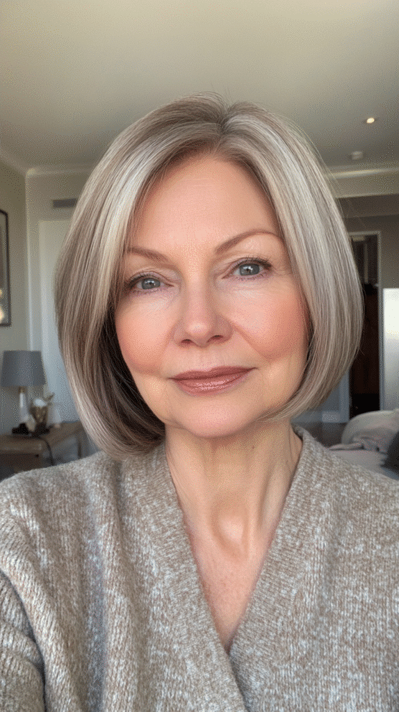Woman with a chin-length bob haircut, adding structure and volume to thin hair.