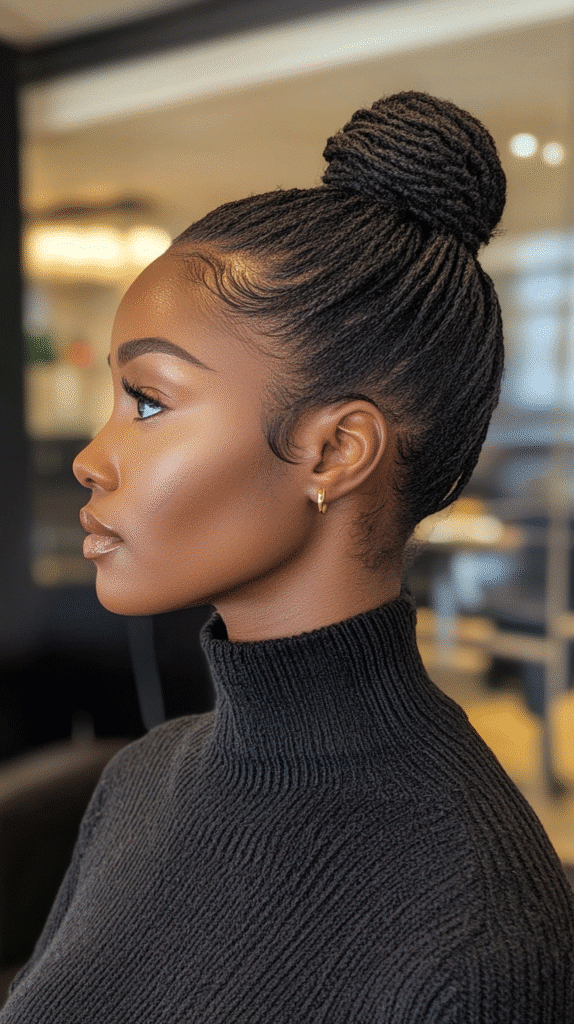 Woman with a sleek, polished high bun hairstyle, perfect for formal occasions.