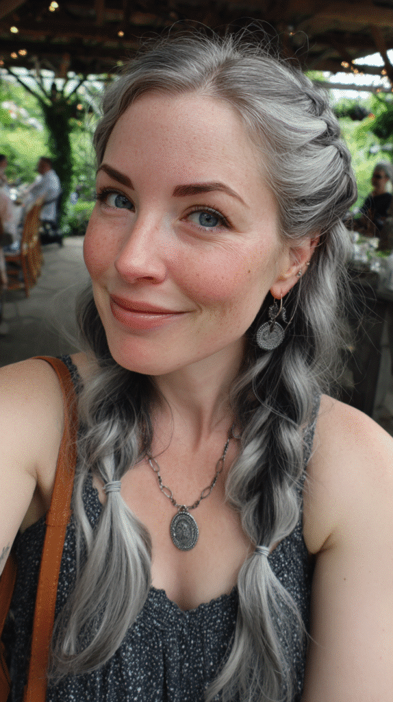 Loose braids detailed with cool silver highlights for an elegant, boho look.
