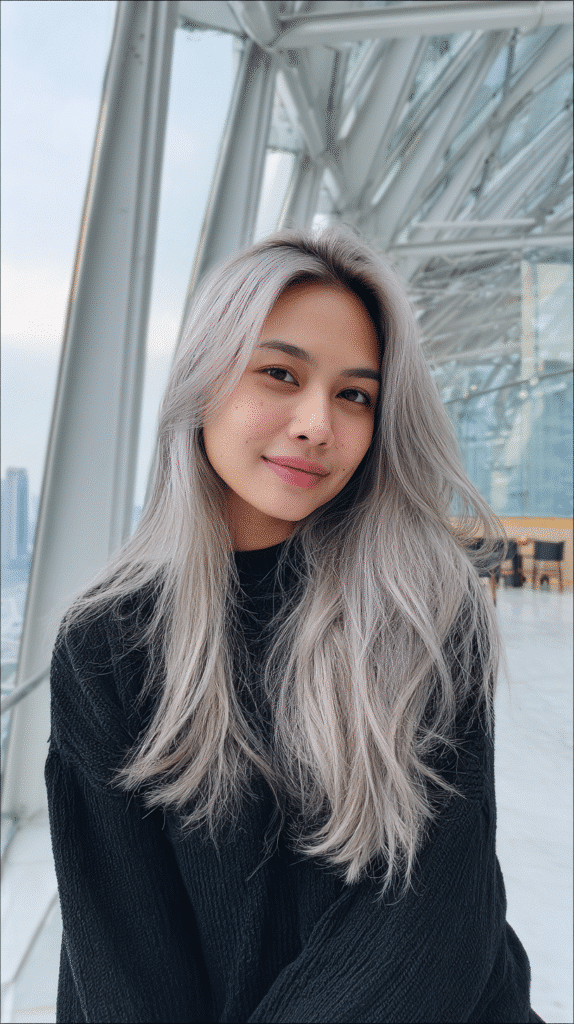 Woman with cool-toned grey blonde layered hair.