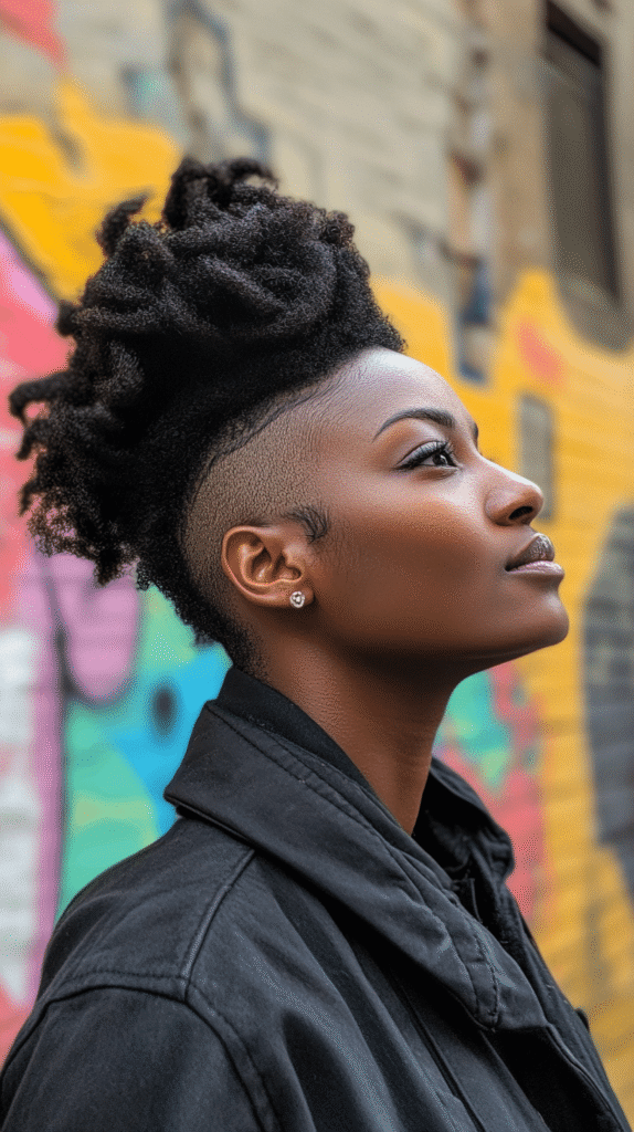 A Black woman with cornrowed sides and a curly mohawk top, offering an edgy, statement-making style.