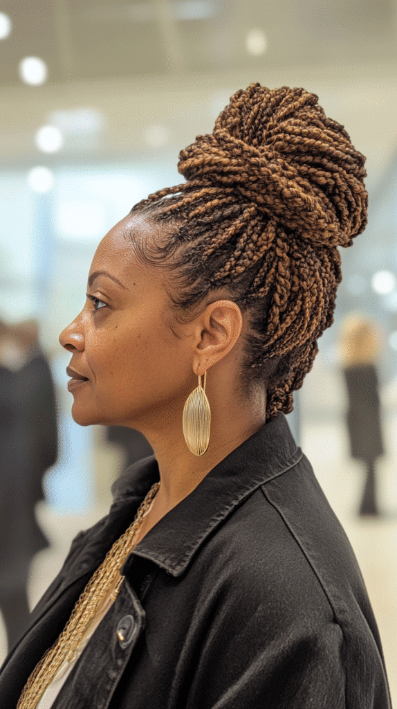 Woman with detailed cornrow patterns pulled back into a sleek bun.