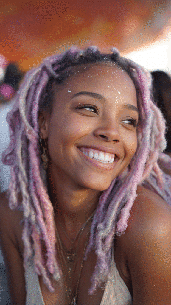 Woman wearing faux locs in cotton candy colors of pink, lavender, and white.