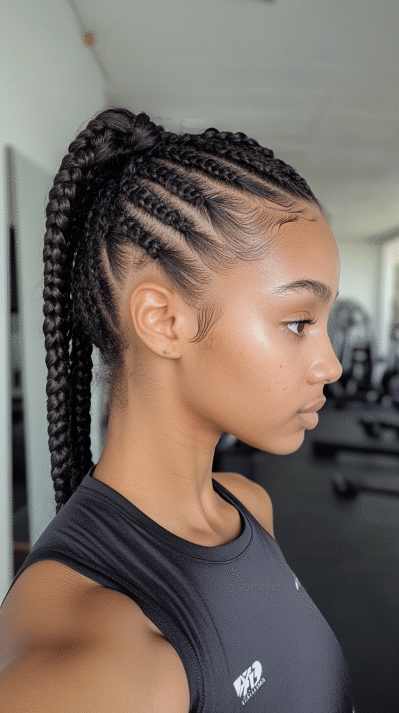 A Black woman with detailed criss-cross braids styled into a sleek ponytail for high impact.