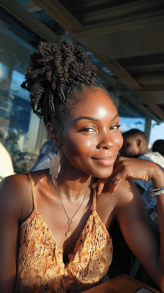 Woman wearing voluminous crochet braids gathered into a bold updo.