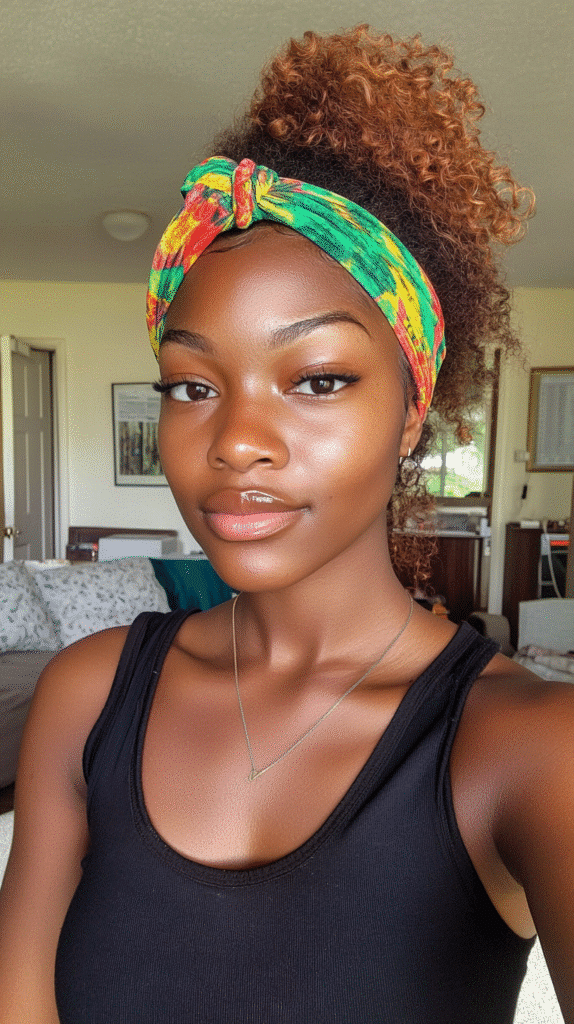 Haitian woman with naturally curly side ponytail styled with a vibrant headband accessory.