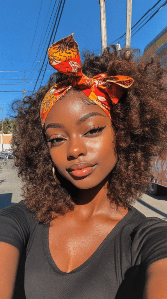 A Black woman wearing a voluminous curly wig tied back with a bold, colorful bandana.
