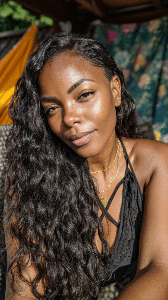 African-American woman with a deep wave wig and baby hairs lounging on a garden patio.