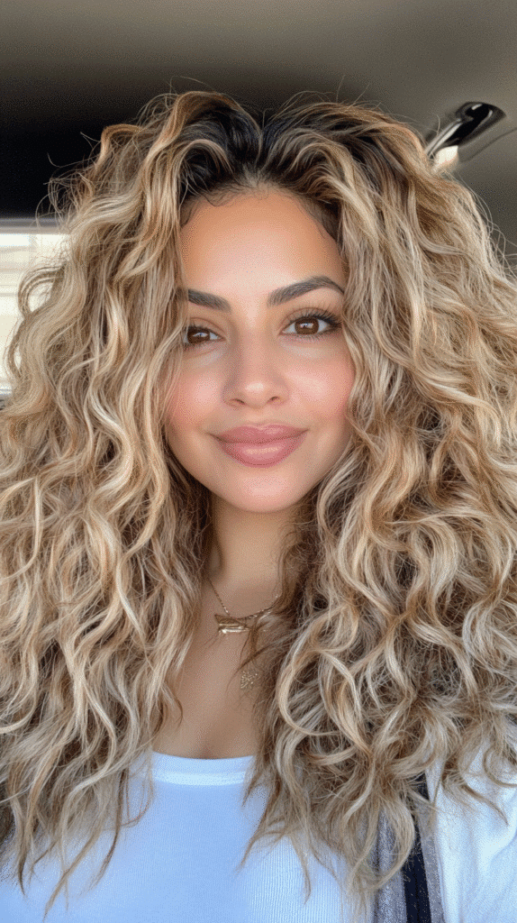 Woman with voluminous ash blonde curls featuring dimensional tones.

