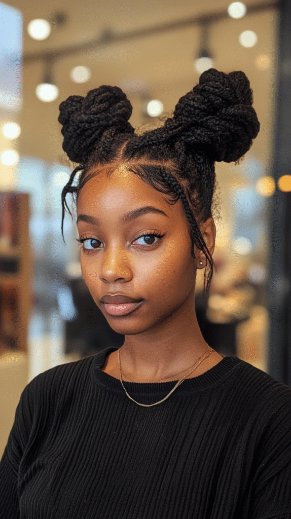 Woman styled with two high symmetrical buns for a youthful, trendy look.