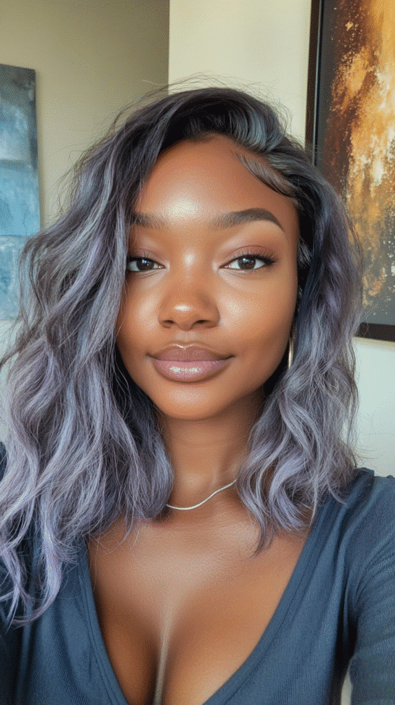 A unique blend of dusty lavender and grey tones softly blended into dark base hair.