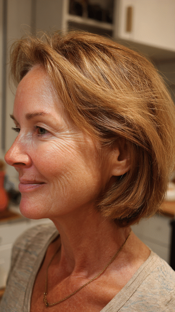 Woman with an ear-length French bob, styled for a chic, minimalist look.