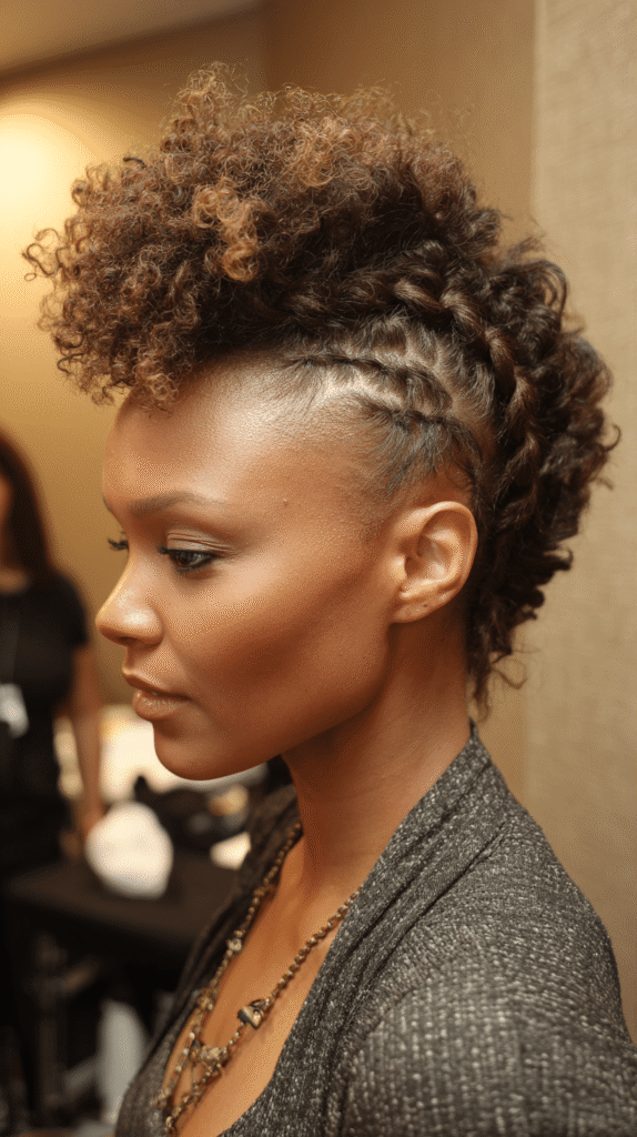 A Black woman styled with cornrowed sides and a curly faux hawk center, full of dramatic volume.