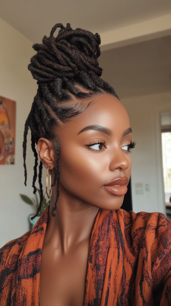 Woman with faux locs styled into a tall, protective bun.