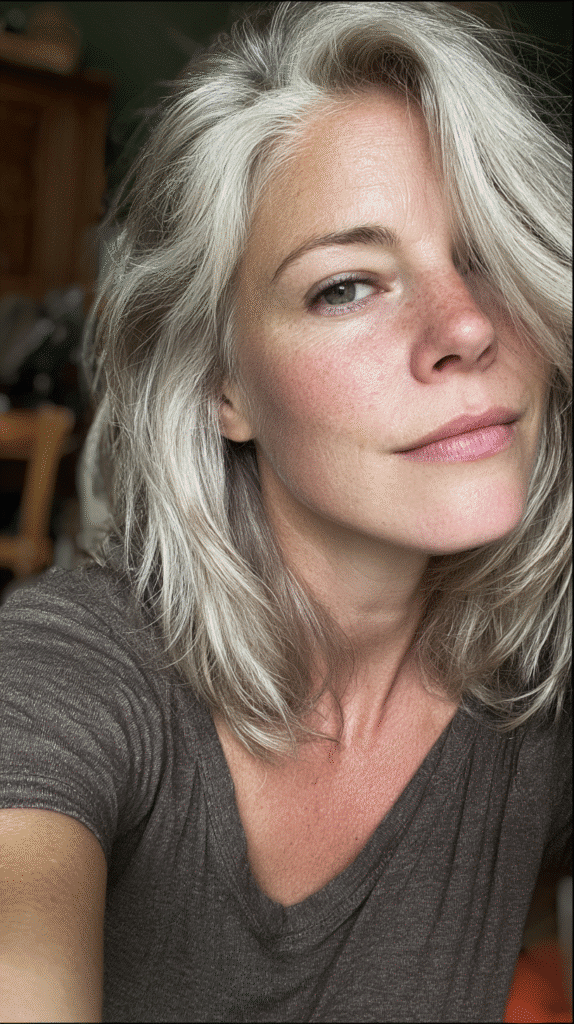 Woman with a feathered shag haircut in grey blonde.