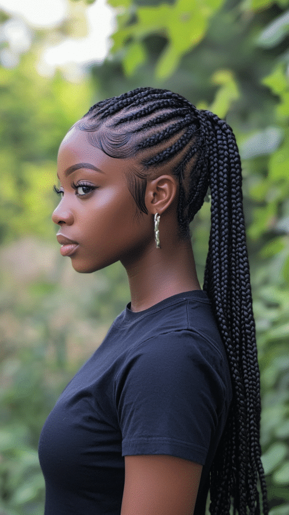Black woman with feed-in braids leading seamlessly into a side ponytail for a protective style.