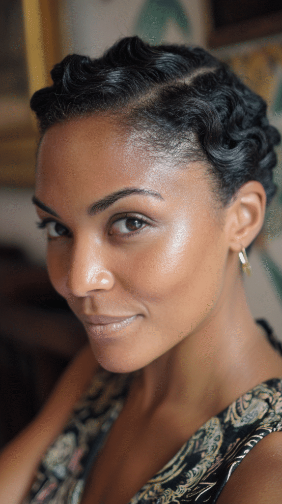 A Black woman with short, glossy finger waves in a vintage-inspired hairstyle ideal for a retro look.

