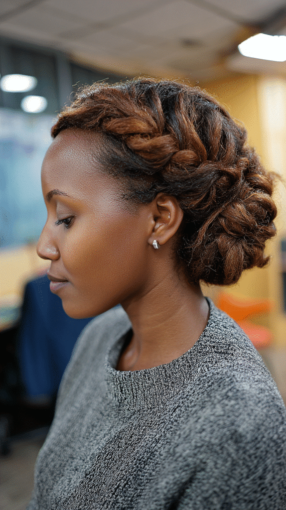 Woman with flat twists leading into a clean, structured updo.