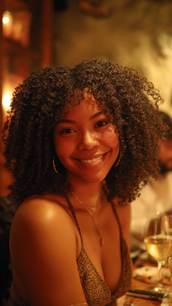 African-American woman with voluminous flip-over curls in a stylish restaurant.