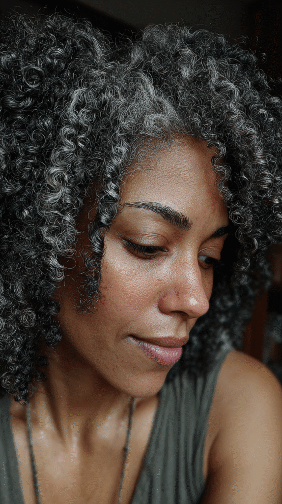 Naturally curly black hair touched with frosted grey highlights that enhance texture and definition.