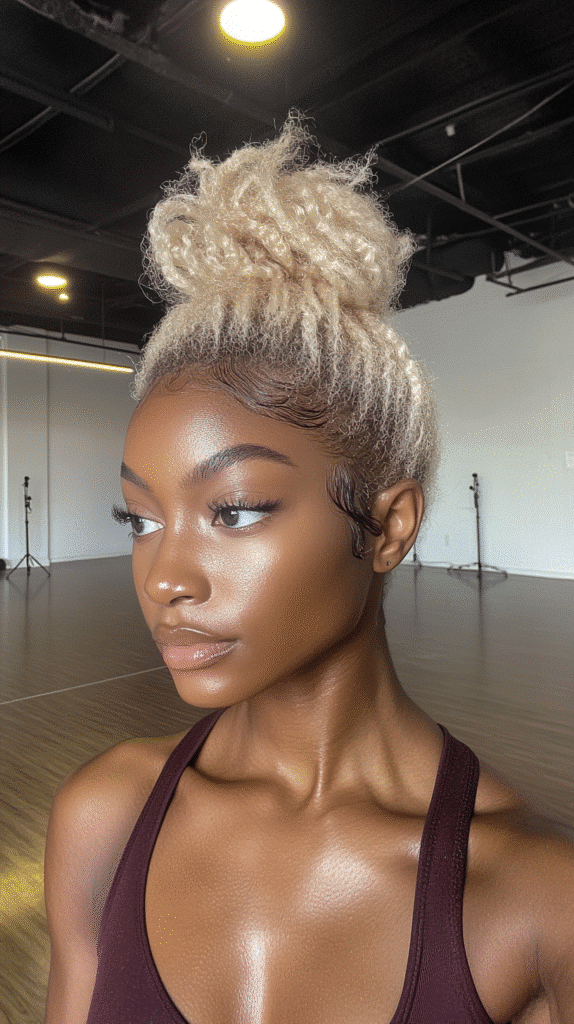 Woman with frosty blonde hair styled in a high top knot.