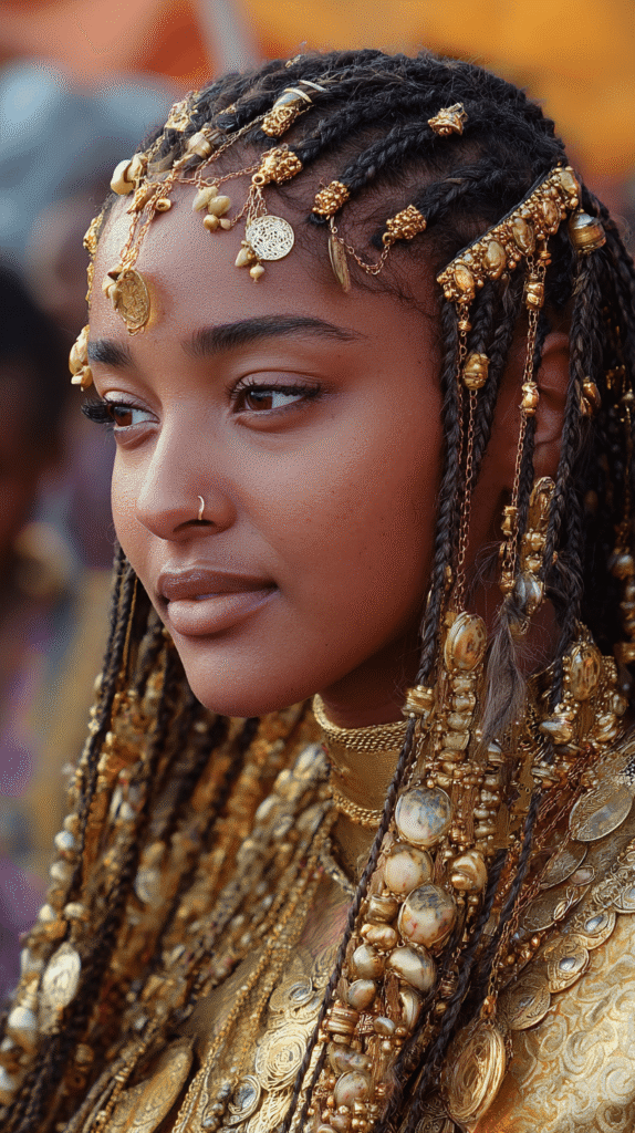 A Black woman styled with Fulani braids, featuring rings, gold cuffs, and cowrie shells for a cultural flair.