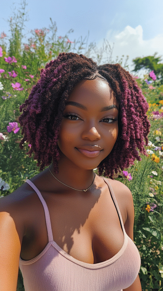 African-American woman wearing a voluminous twist-out in bright fuchsia color.