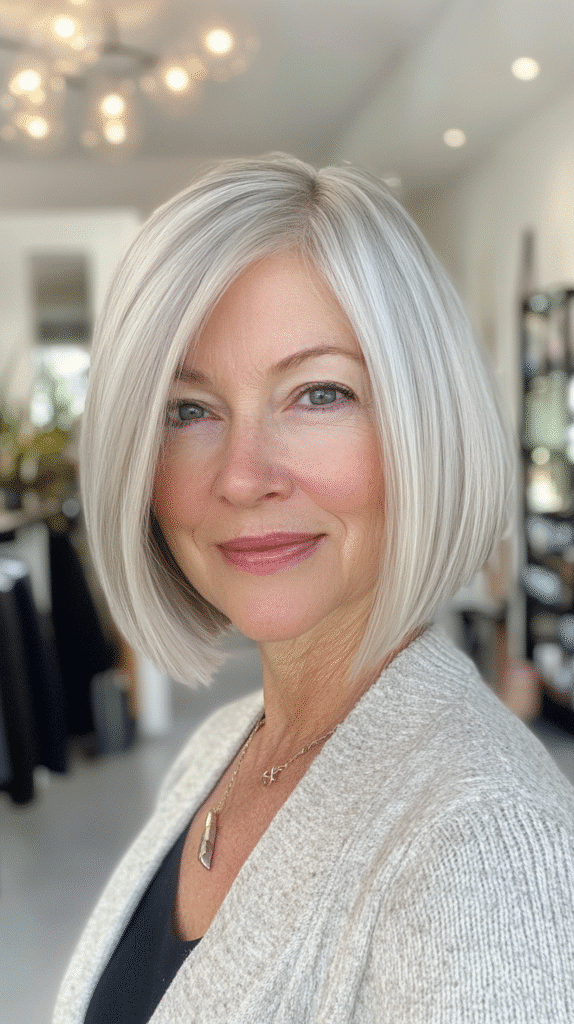 Woman with a graduated bob cut with stacked layers at the back for built-in volume.