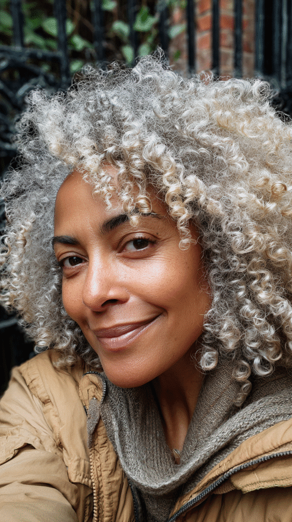 Woman with tightly coiled afro curls in grey blonde.