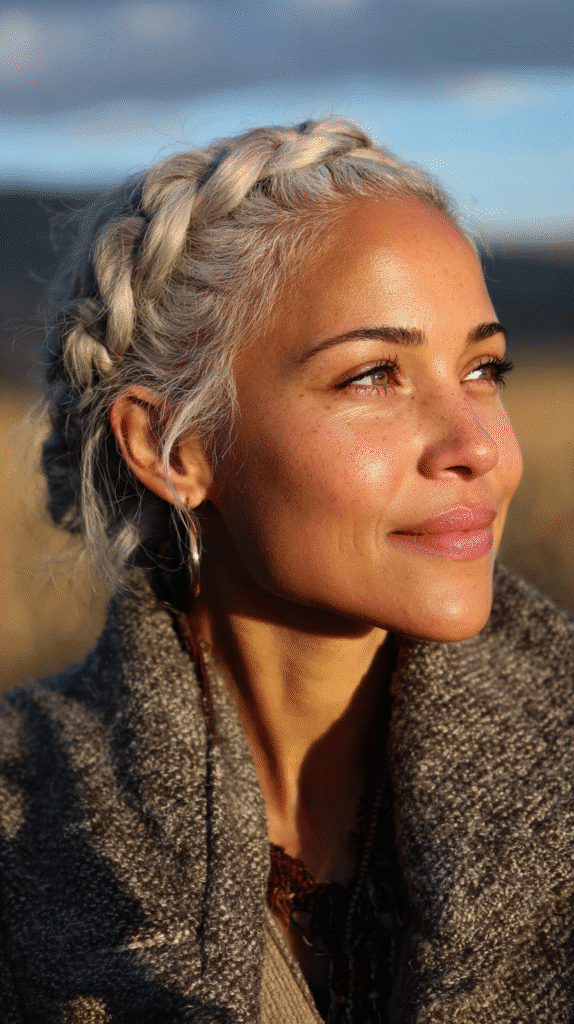Woman with grey blonde hair styled into a braided crown.