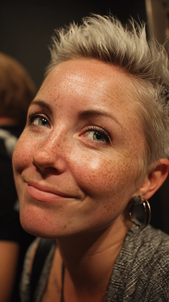 Woman with a bold faux hawk hairstyle in grey blonde tones.