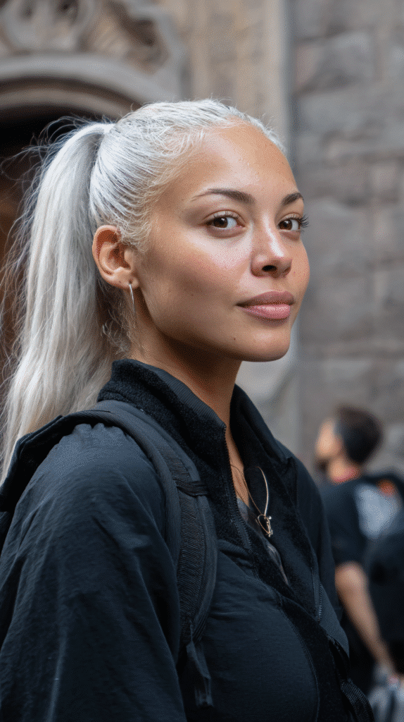 Woman with a sleek high ponytail in grey blonde.