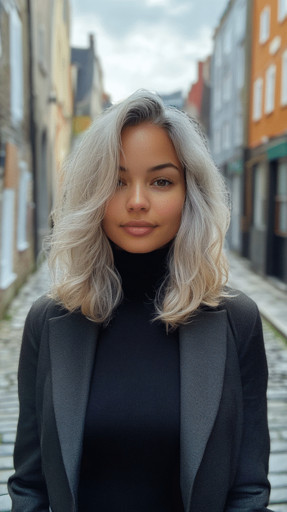 Woman with grey blonde sombre hair blending softly from root to tip.