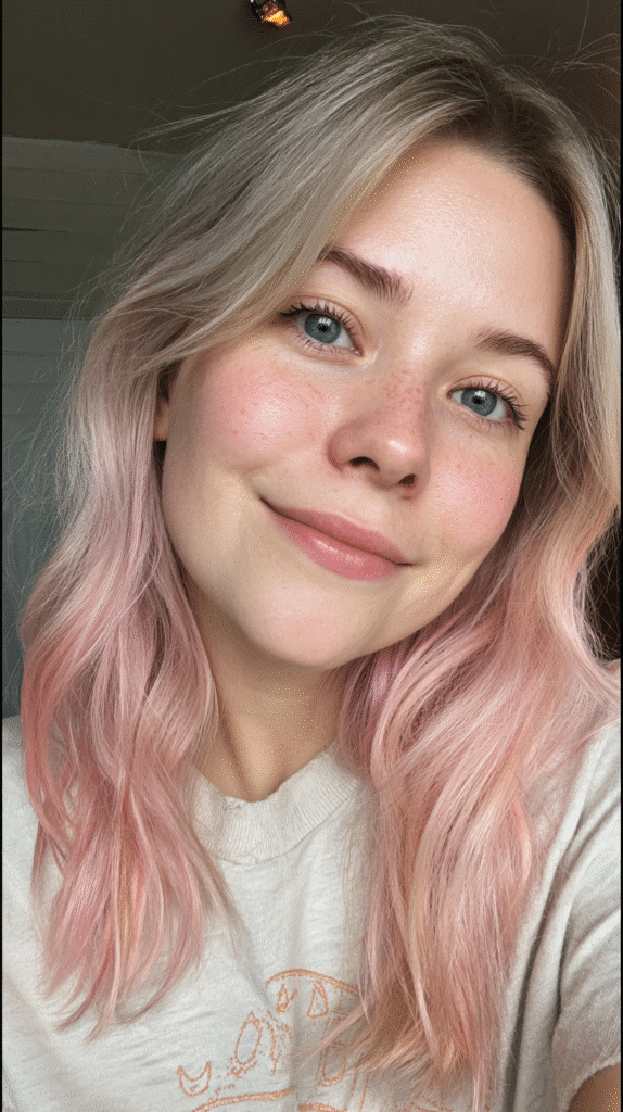 Woman with grey blonde hair featuring pastel pink dip-dyed ends.