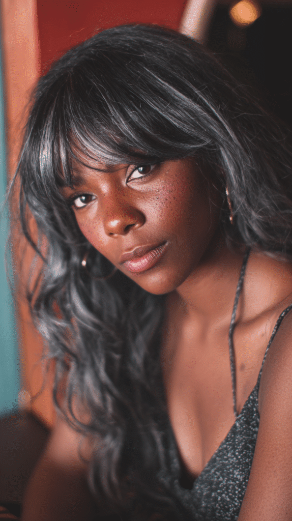 Raven black hair styled with curtain bangs and streaked with dimensional grey highlights.