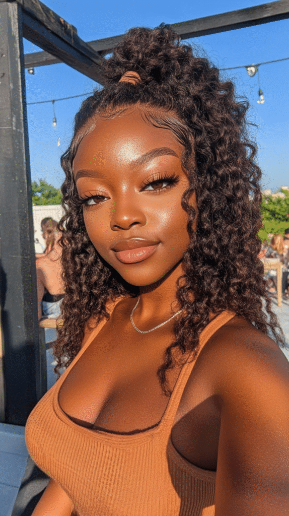 Afro-Caribbean woman with a half-up, half-down curly wig at a rooftop brunch.