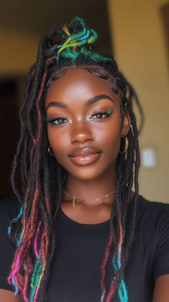 A Black woman with crimped hair in a half-up, half-down style, highlighted by neon accents.