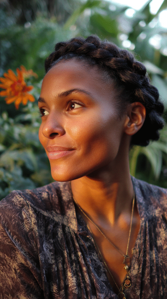 Woman featuring a single thick braid wrapped around the head like a crown.