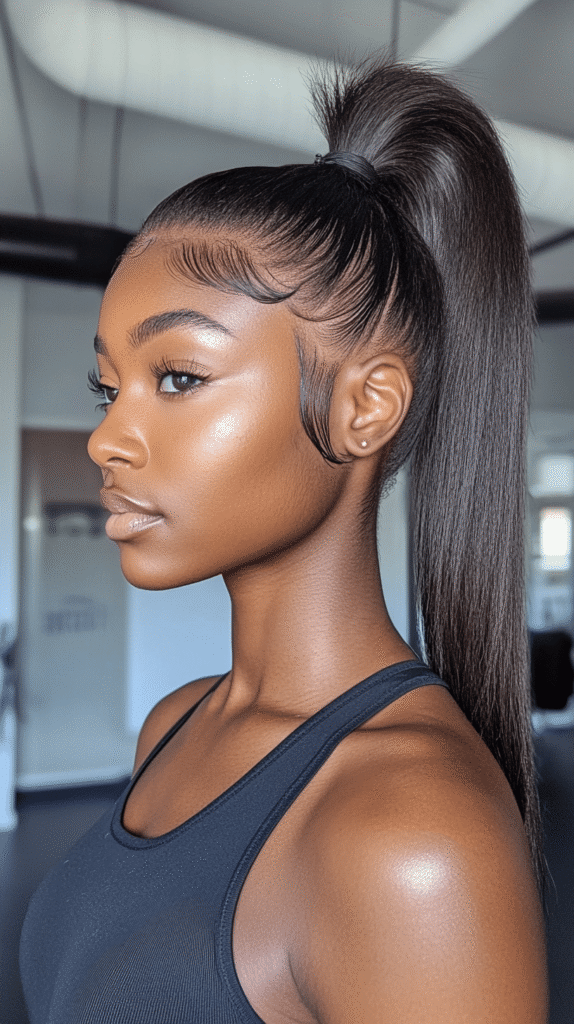 A Black woman wearing a sleek high ponytail with a swoop bang, perfect for bold, glamorous vibes.