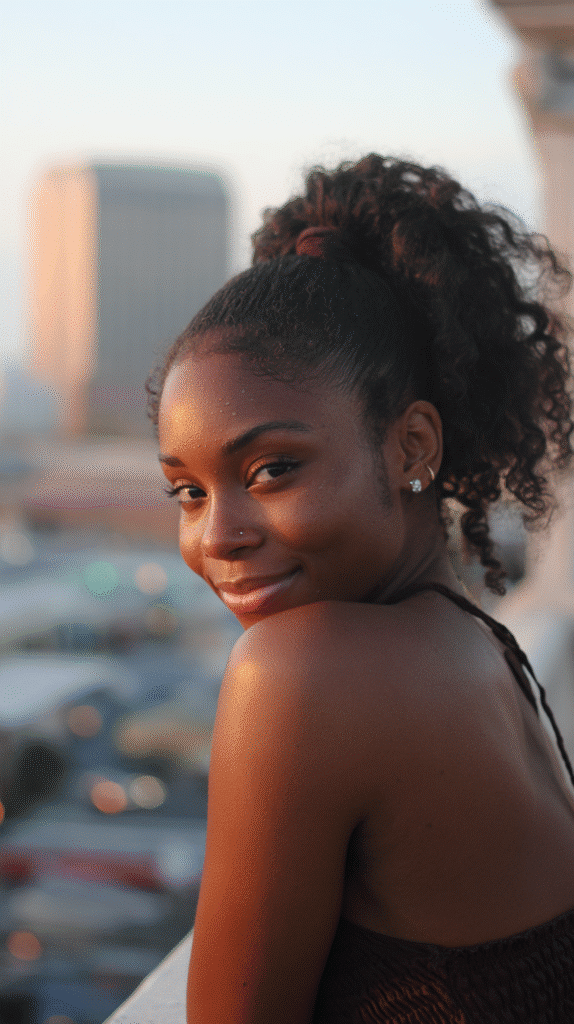 African-American woman with a high side ponytail sitting at the crown and full of volume.