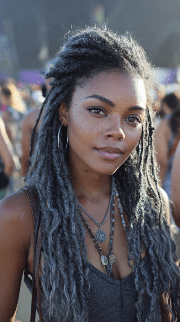 A multi-tonal holographic grey effect giving shimmer and movement to dark layered hair.