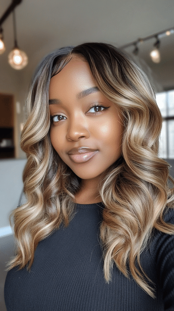 African-American woman with honey blonde loose waves, relaxing in a modern apartment.