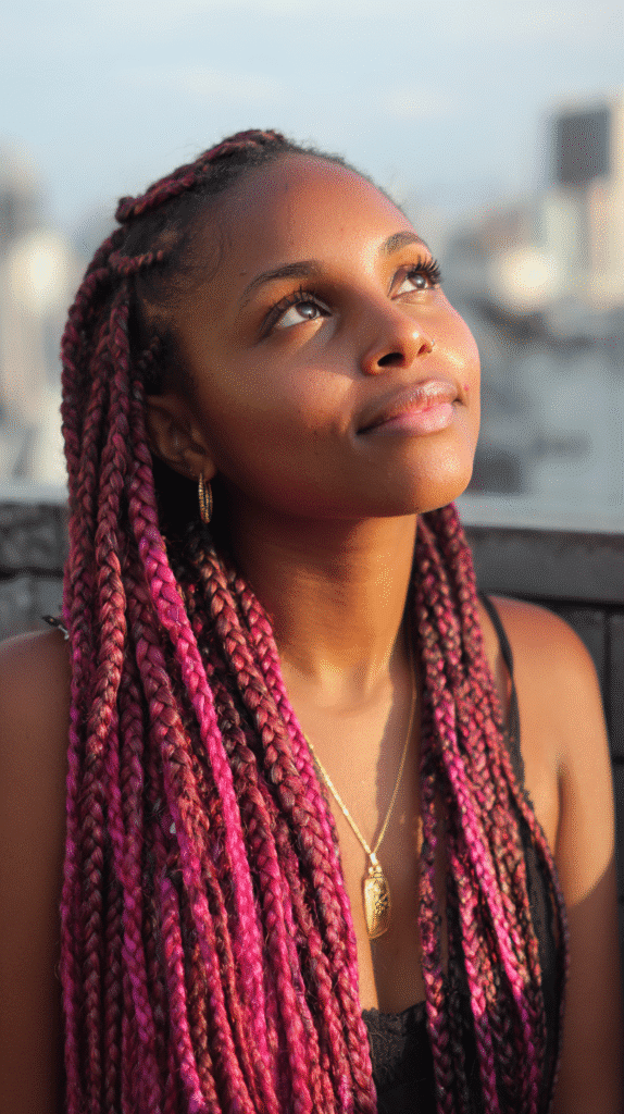 Black woman with long hot pink box braids, styled for a bold and vibrant summer look.