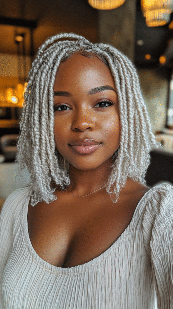 Woman with protective two-strand twists in ice blonde.