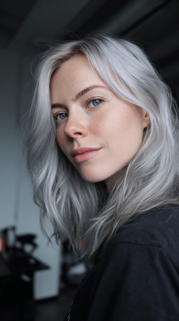 A shoulder-length hairstyle transitioning from dark roots to icy grey ombre tips.