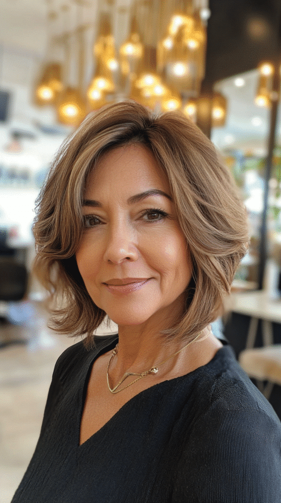 Woman with an inverted bob cut, short in the back and longer in front to lift the crown.