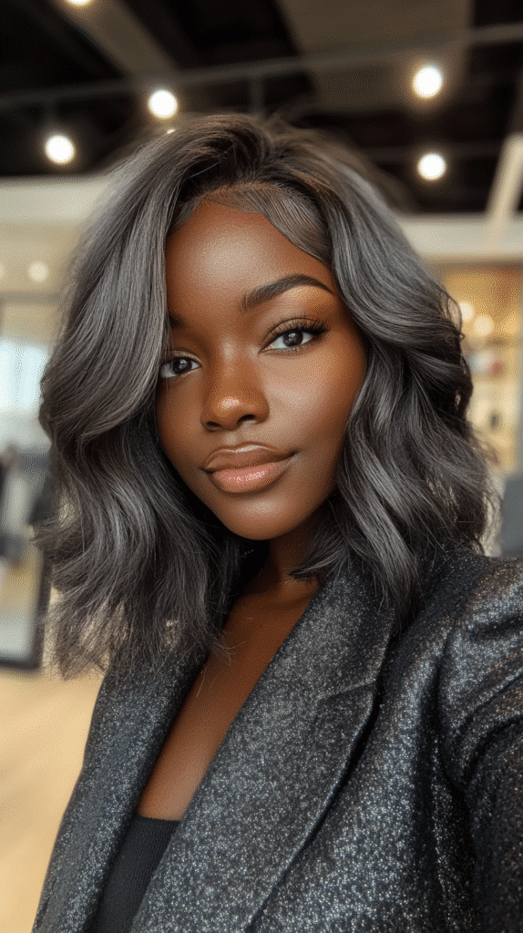 Layered dark hair glowing with iridescent grey tones under soft lighting.