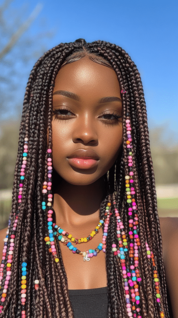 A Black woman with long jumbo box braids decorated with colorful beads, styled for a vibrant festival setting.
