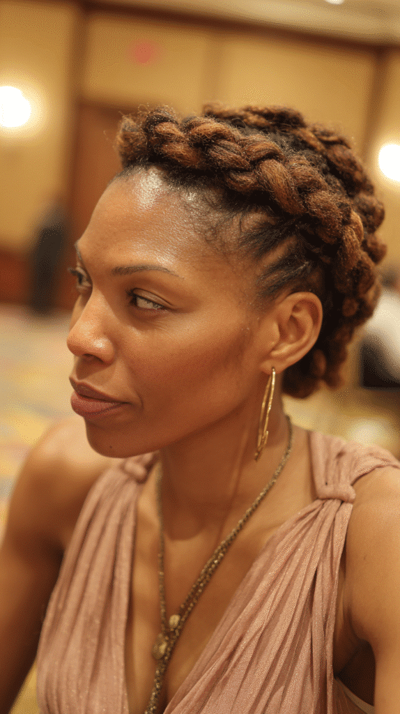Woman wearing thick jumbo twists styled into a crown-like updo.
