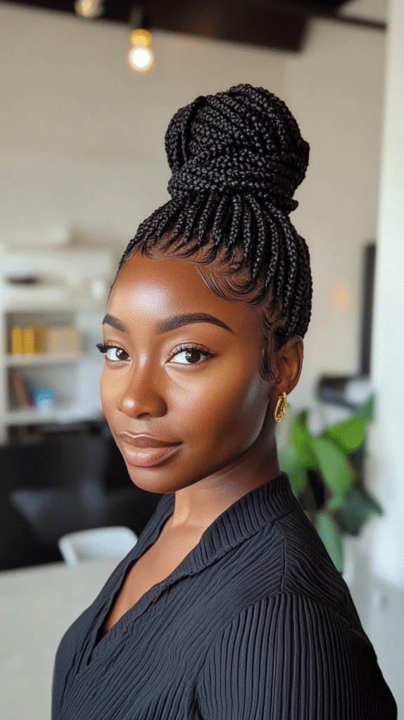 Woman with knotless braids gathered into a protective top bun.